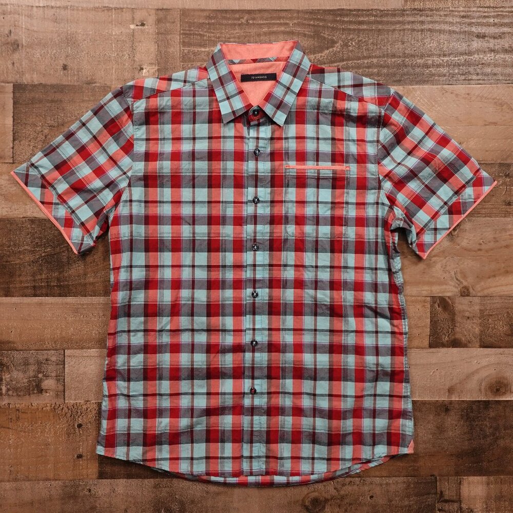 7 Diamonds Plaid Button Shirt‎ Men’s XL Red Blue Short Sleeve Casual
